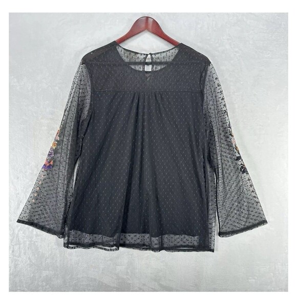 Style & Co Long Sleeve Floral Embroidered Sheer Boho Tunic Blouse Black SZ M - Picture 3 of 5